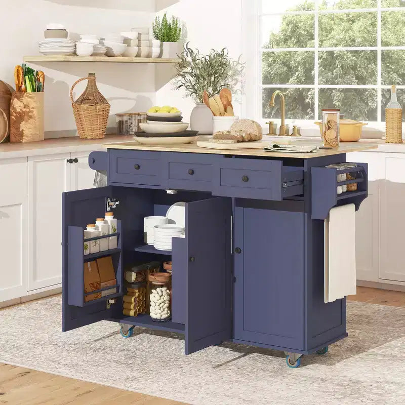 Rolling Kitchen Island with Charging Station & Drop Leaf – 53", Wood Top, 3 Drawers