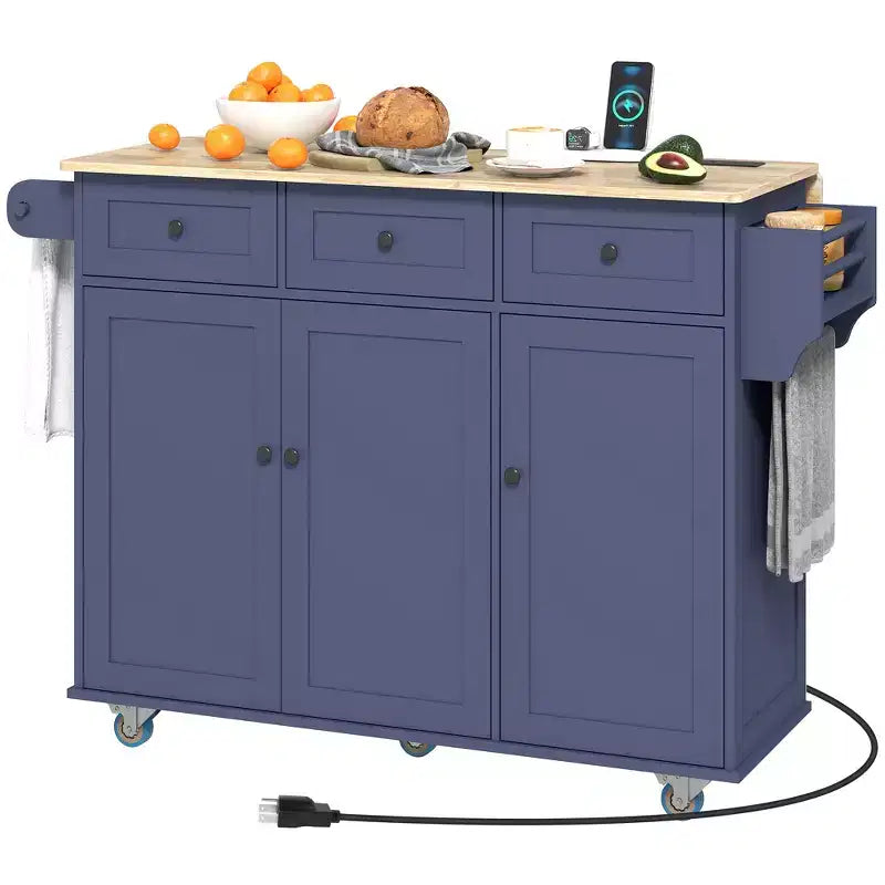 Rolling Kitchen Island with Charging Station & Drop Leaf – 53", Wood Top, 3 Drawers