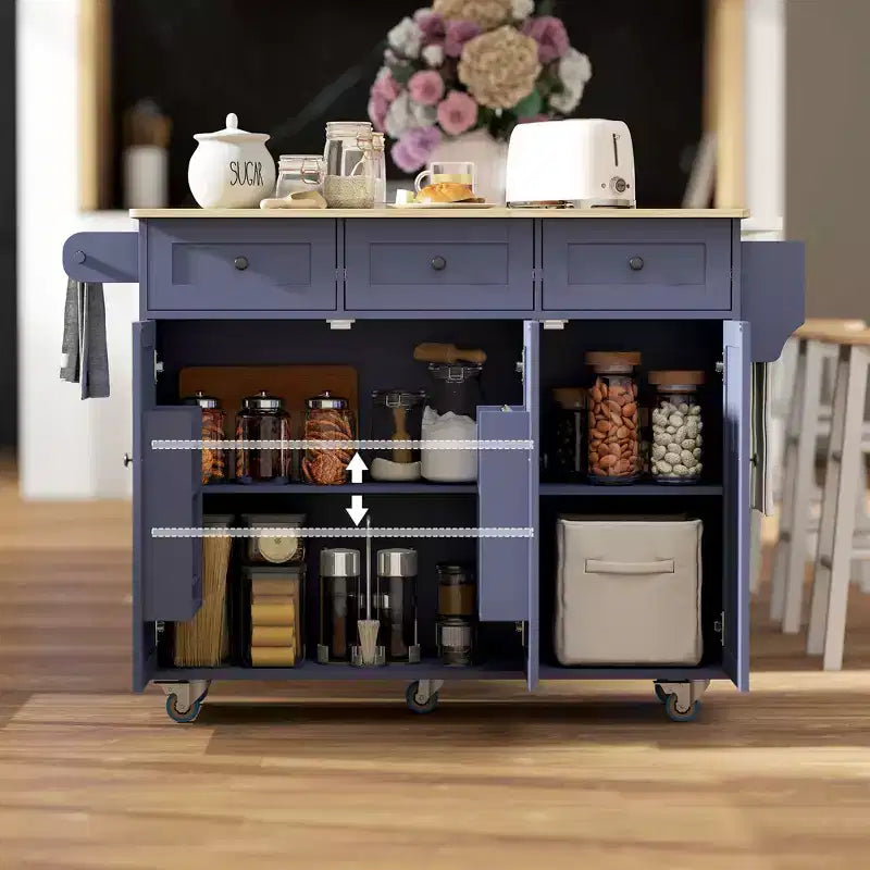 Rolling Kitchen Island with Charging Station & Drop Leaf – 53", Wood Top, 3 Drawers