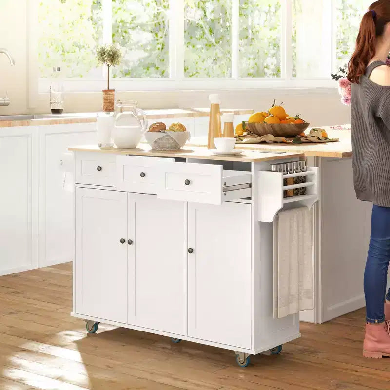 Rolling Kitchen Island with Charging Station & Drop Leaf – 53", Wood Top, 3 Drawers