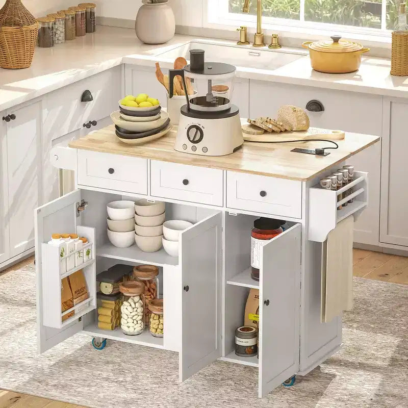 Rolling Kitchen Island with Charging Station & Drop Leaf – 53", Wood Top, 3 Drawers