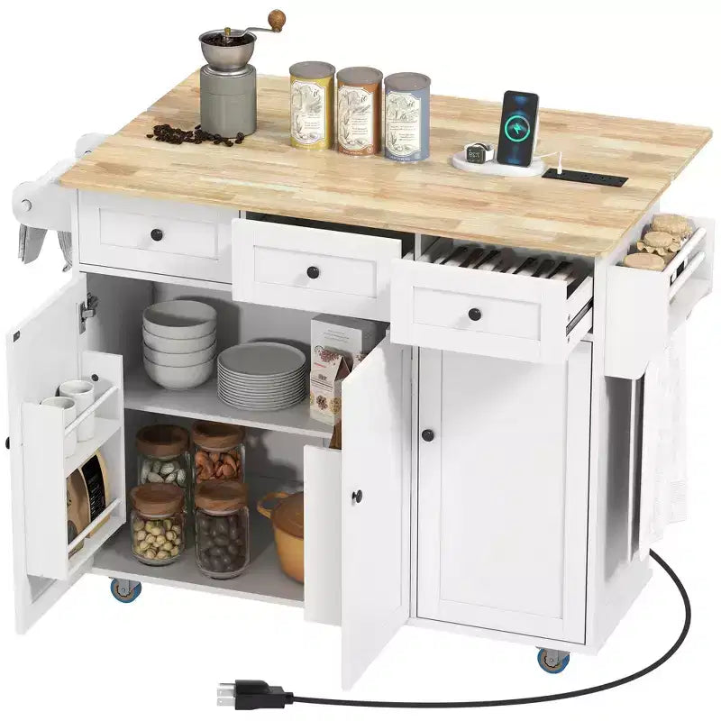 Rolling Kitchen Island with Charging Station & Drop Leaf – 53", Wood Top, 3 Drawers
