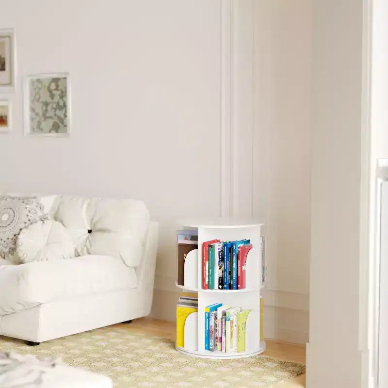 360° Rotating Bookshelf – Vertical Spinning Tower, Space-Saving, White