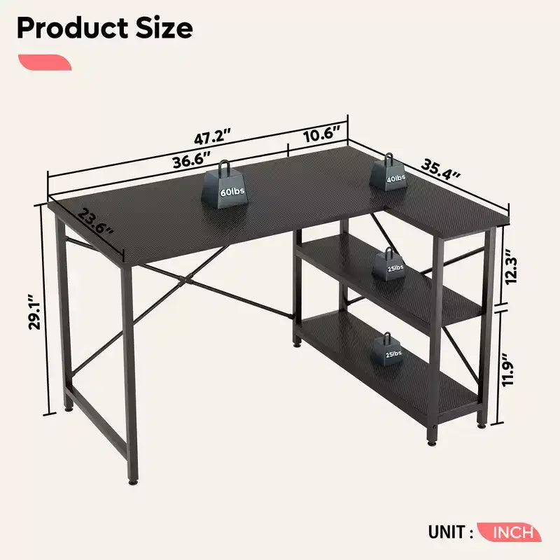 47" L-Shaped Corner Computer Desk with Storage Shelves – Home Office, Small Space