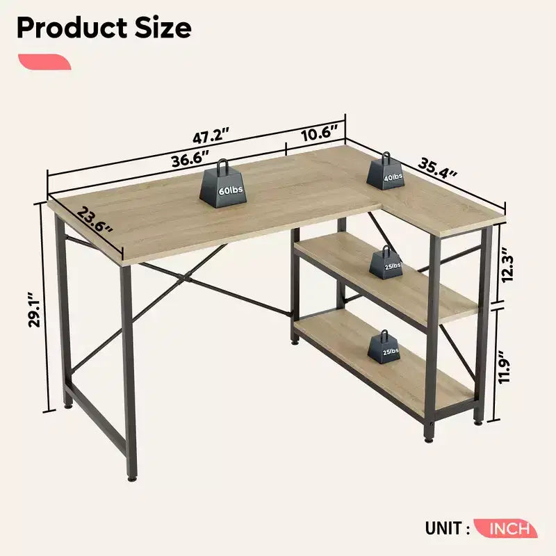 47" L-Shaped Corner Computer Desk with Storage Shelves – Home Office, Small Space