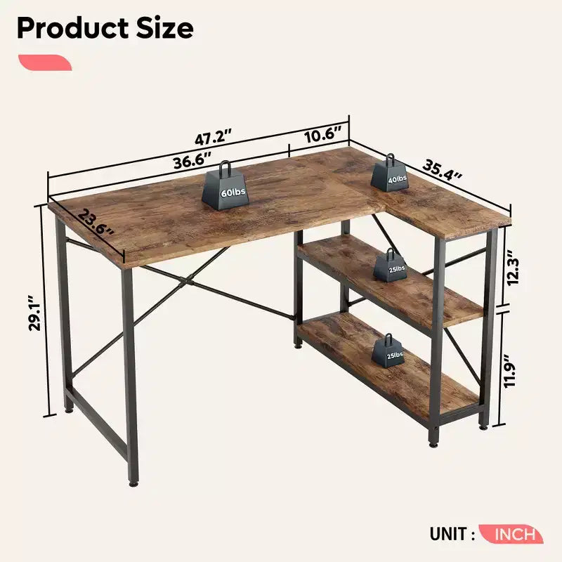 47" L-Shaped Corner Computer Desk with Storage Shelves – Home Office, Small Space