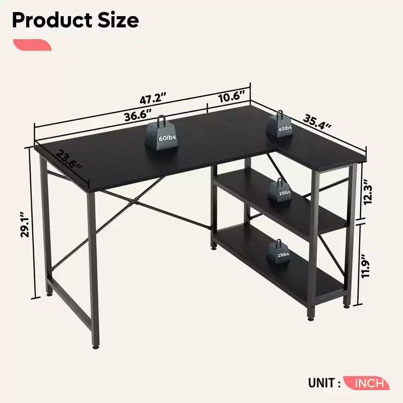 47" L-Shaped Corner Computer Desk with Storage Shelves – Home Office, Small Space