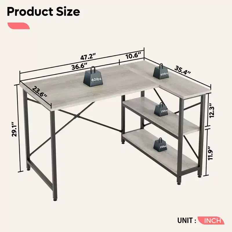 47" L-Shaped Corner Computer Desk with Storage Shelves – Home Office, Small Space