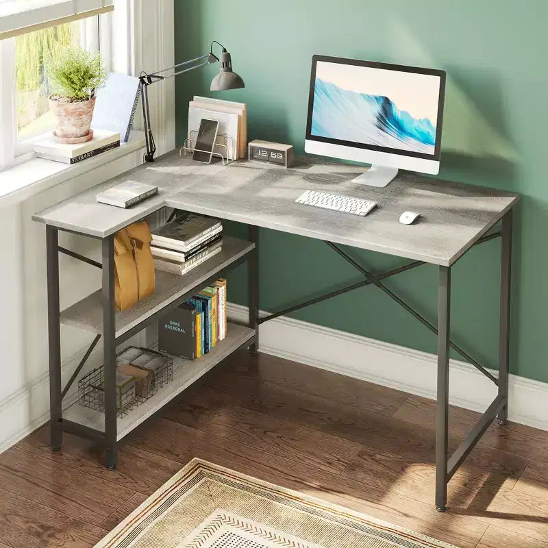 47" L-Shaped Corner Computer Desk with Storage Shelves – Home Office, Small Space
