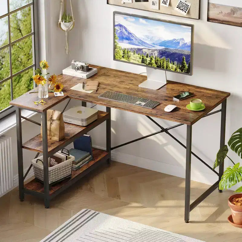 47" L-Shaped Corner Computer Desk with Storage Shelves – Home Office, Small Space