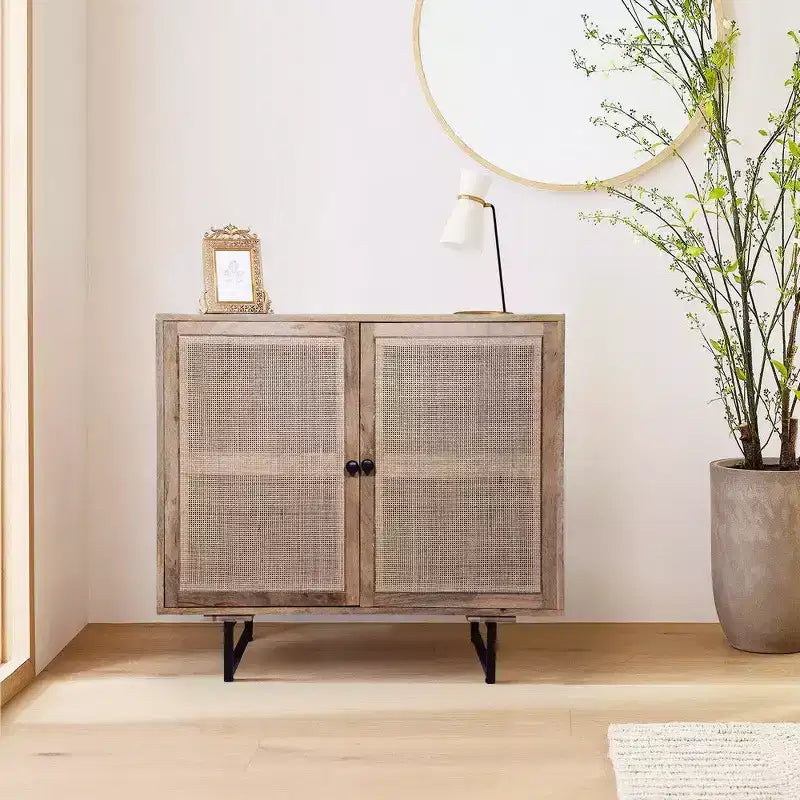 Natural Brown Rattan Door Accent Cabinet, 2-Door