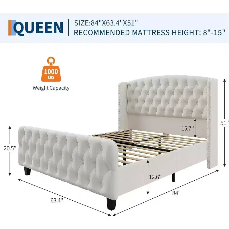 Gray Velvet Wingback Platform Bed Frame, King, 1-Person