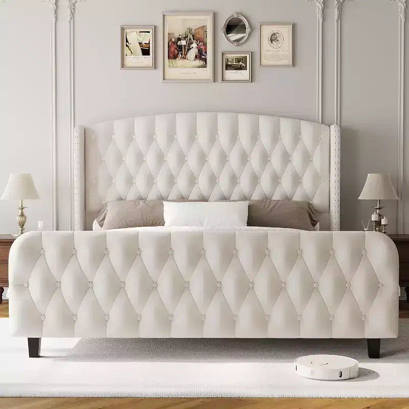 Gray Velvet Wingback Platform Bed Frame, King, 1-Person