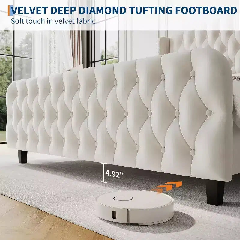 Gray Velvet Wingback Platform Bed Frame, King, 1-Person