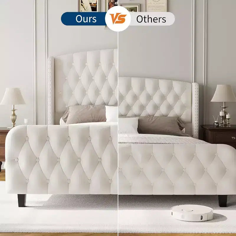 Gray Velvet Wingback Platform Bed Frame, King, 1-Person