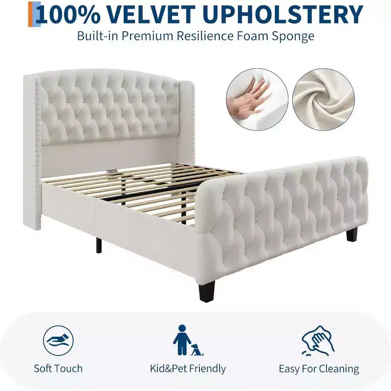 Gray Velvet Wingback Platform Bed Frame, King, 1-Person