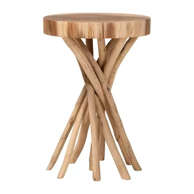 Natural Teak Wood Round End Table – Bohemian Carved Sculpture Base