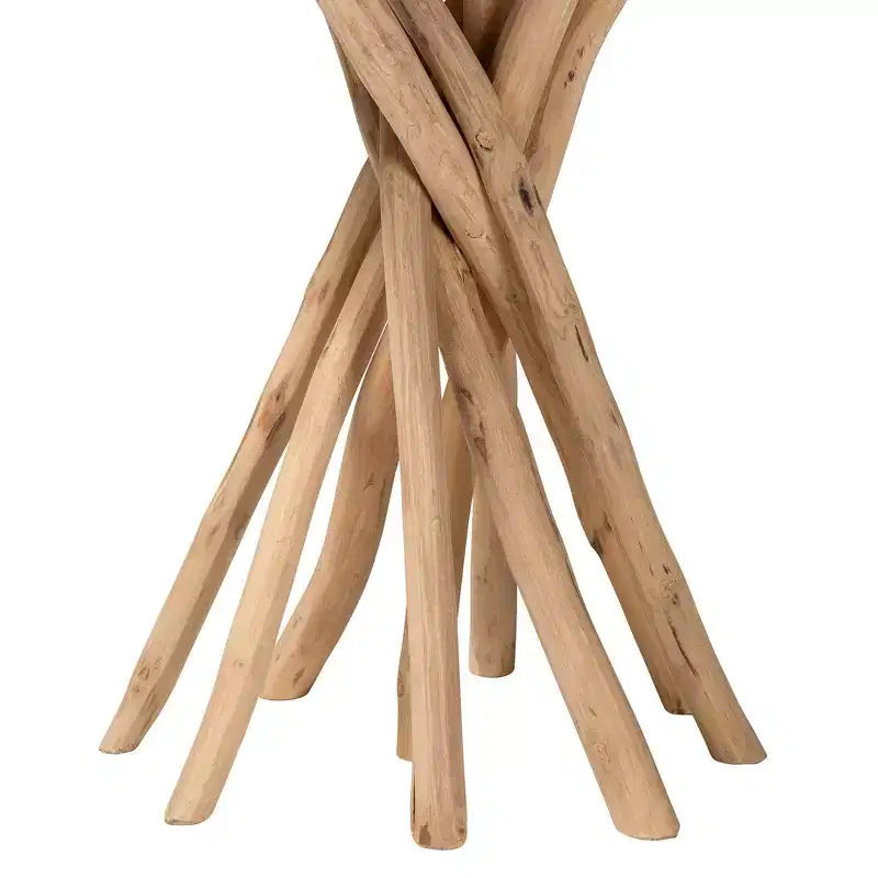 Natural Teak Wood Round End Table – Bohemian Carved Sculpture Base