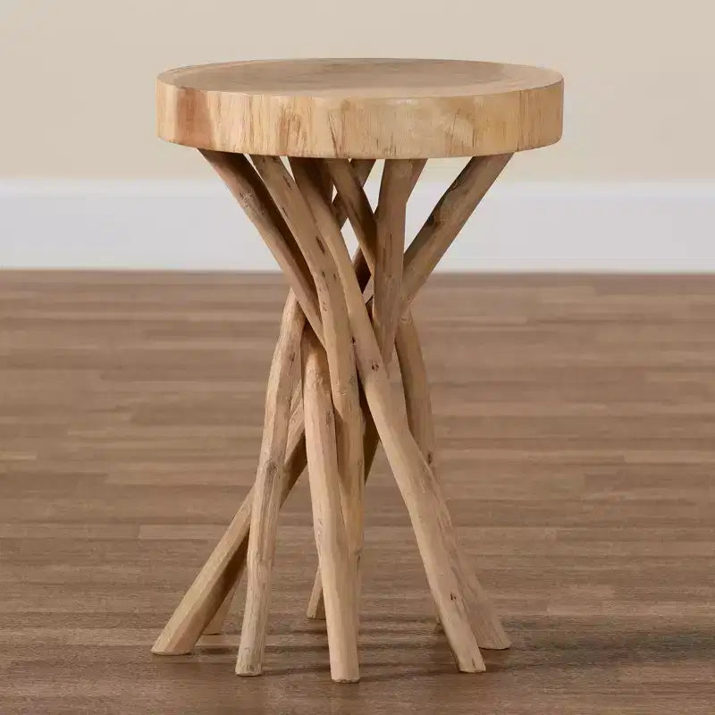 Natural Teak Wood Round End Table – Bohemian Carved Sculpture Base