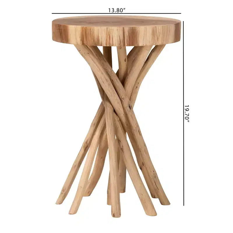 Natural Teak Wood Round End Table – Bohemian Carved Sculpture Base
