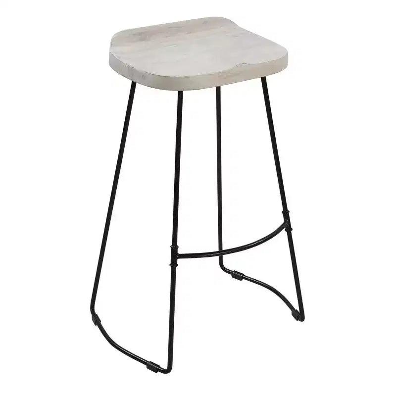 30-Inch Handcrafted Backless Barstool – Whitewashed Mango Wood & Black Metal