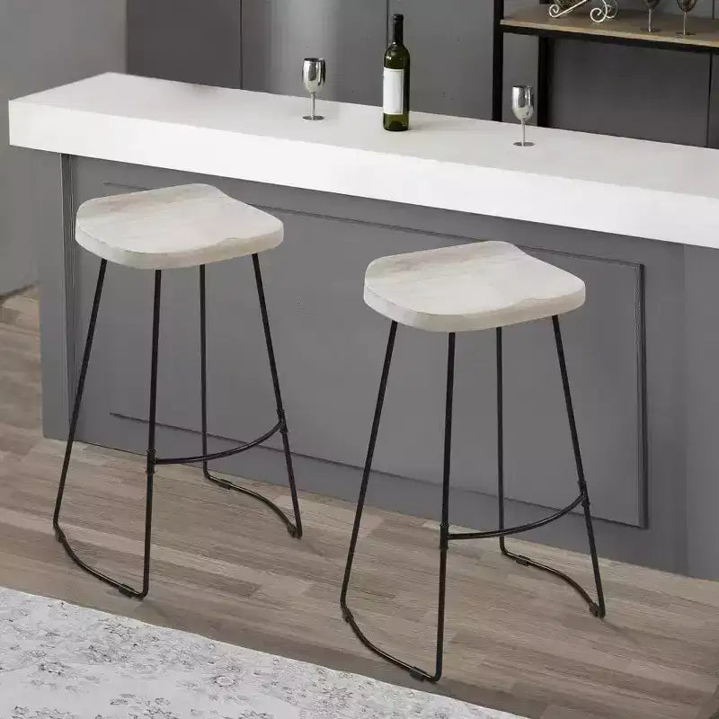30-Inch Handcrafted Backless Barstool – Whitewashed Mango Wood & Black Metal