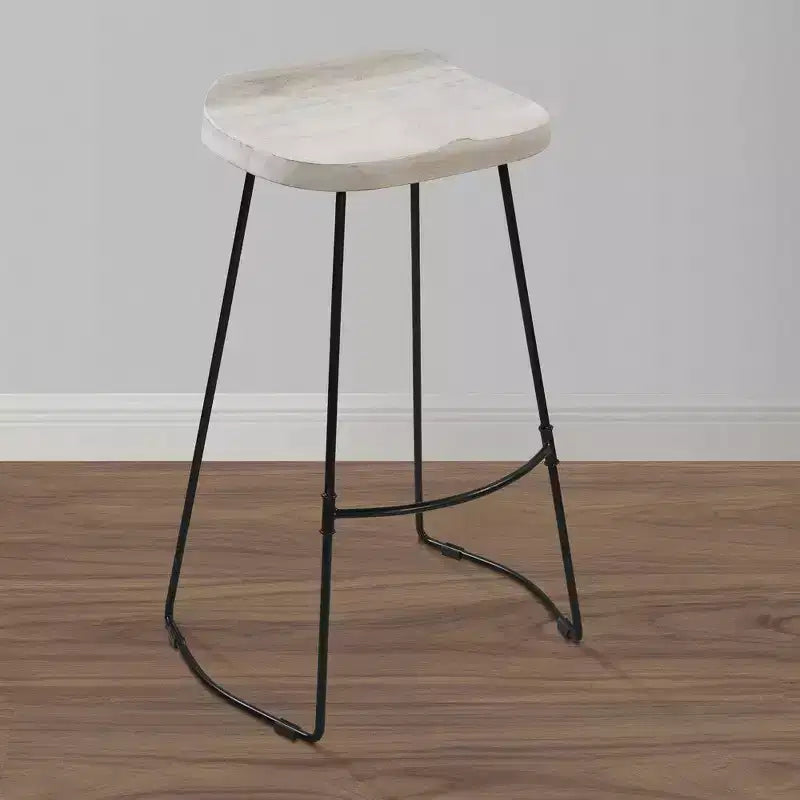 30-Inch Handcrafted Backless Barstool – Whitewashed Mango Wood & Black Metal