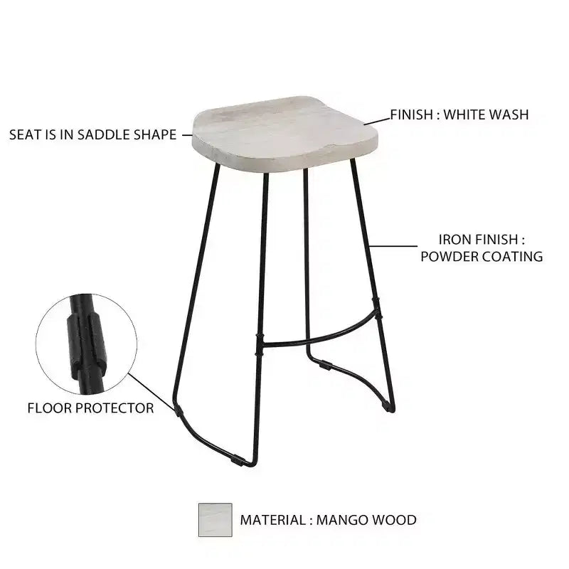 30-Inch Handcrafted Backless Barstool – Whitewashed Mango Wood & Black Metal