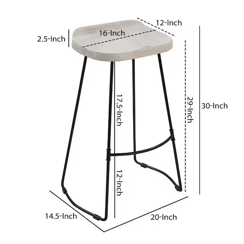 30-Inch Handcrafted Backless Barstool – Whitewashed Mango Wood & Black Metal