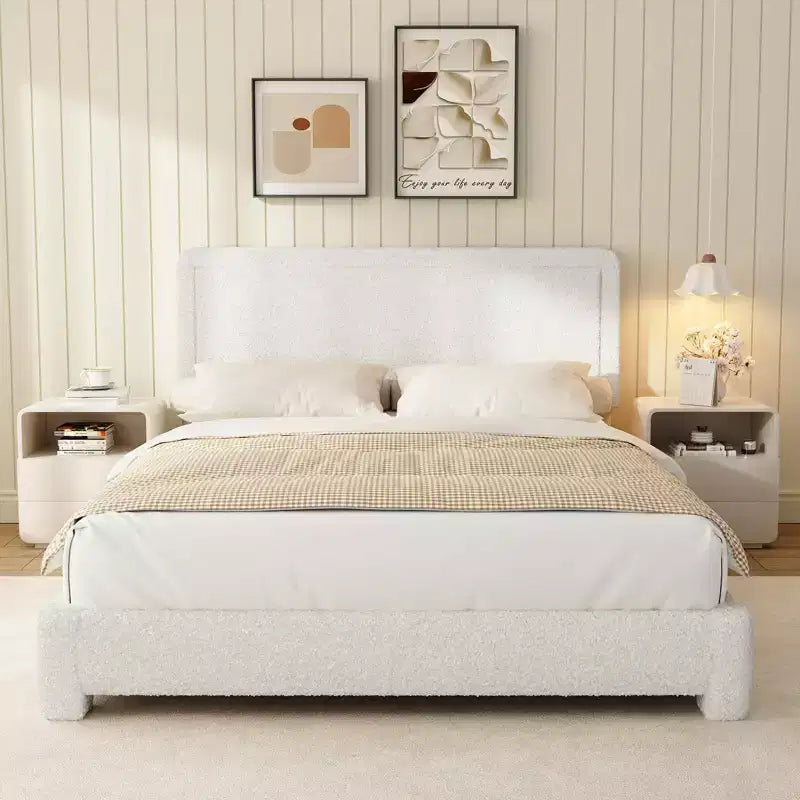 Upholstered Boucle Fabric Bed Frame with Adjustable Headboard – Twin
