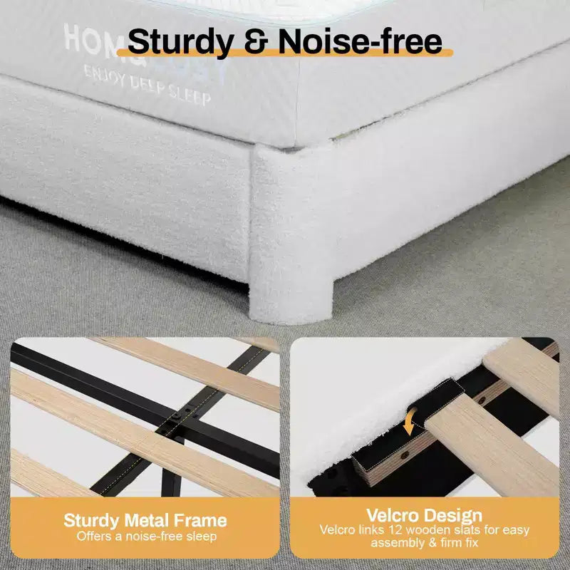 Upholstered Boucle Fabric Bed Frame with Adjustable Headboard – Twin