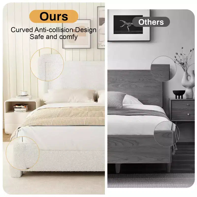 Upholstered Boucle Fabric Bed Frame with Adjustable Headboard – Twin