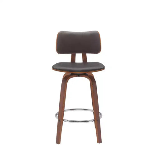 HomeRoots 26 Brown And Wood Brown Faux Leather Swivel Low Back Counter Height Bar Chair