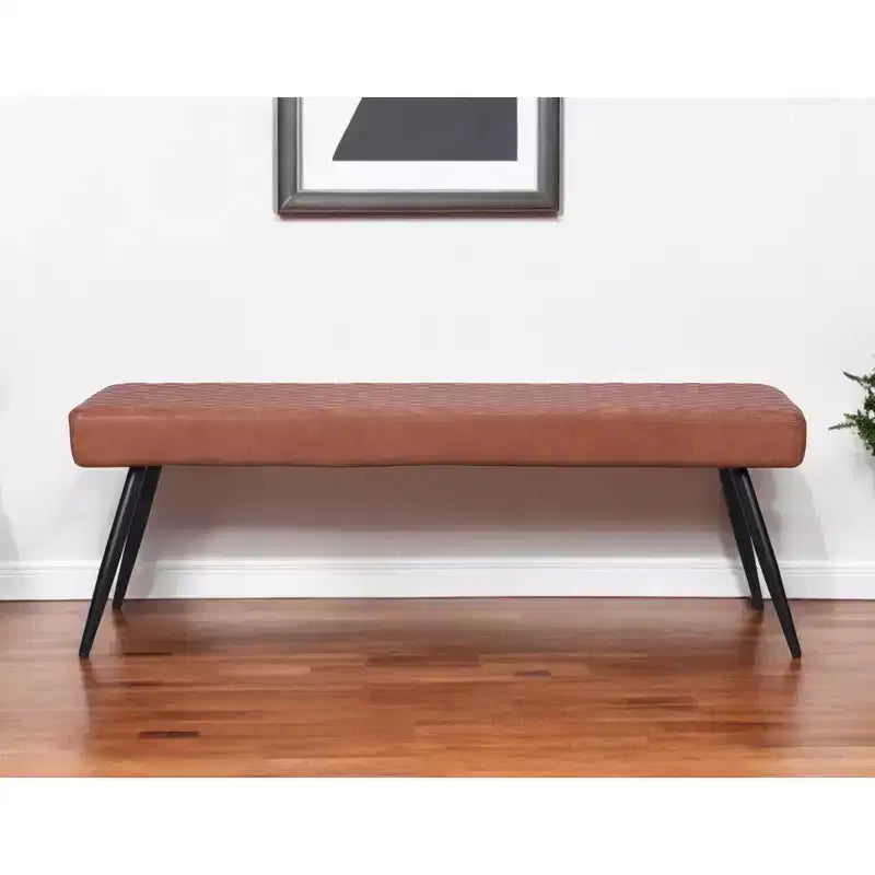 54-Inch Brown Faux Leather Upholstered Dining Bench – Black Metal Legs