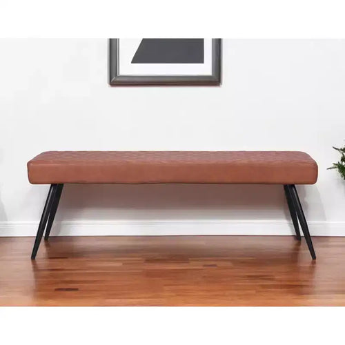 54-Inch Brown Faux Leather Upholstered Dining Bench – Black Metal Legs