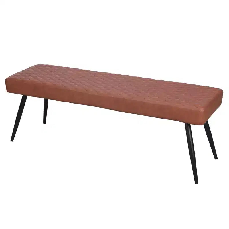 54-Inch Brown Faux Leather Upholstered Dining Bench – Black Metal Legs
