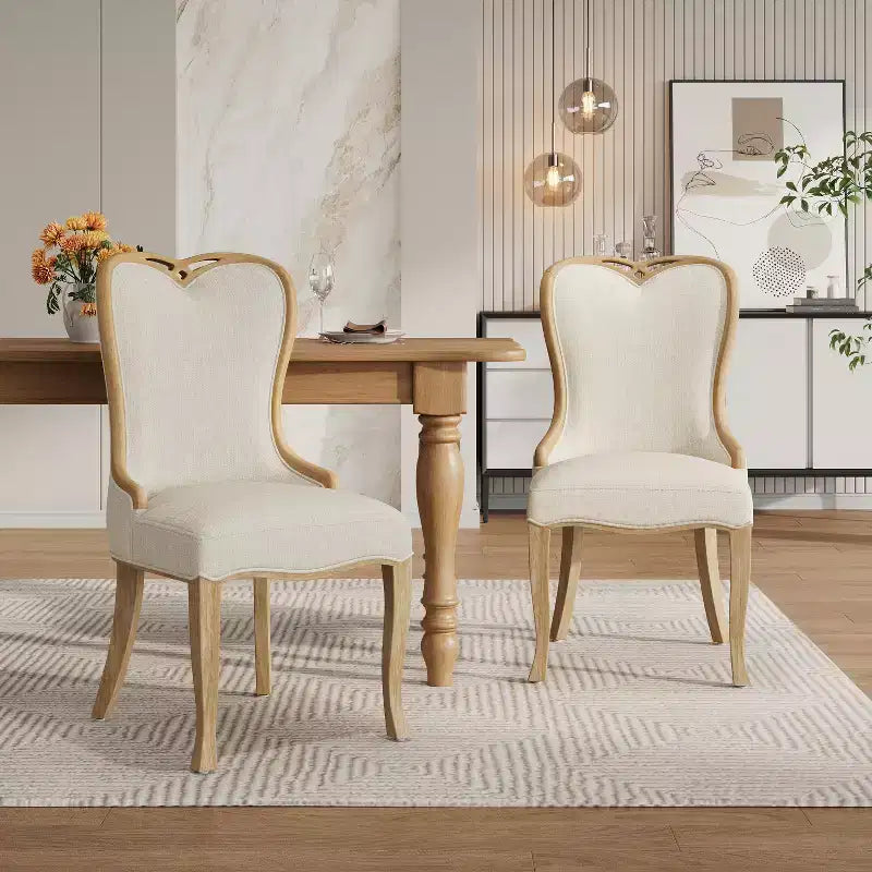 French Country Wingback Rubberwood Dining Chairs – Upholstered, Set of 2
