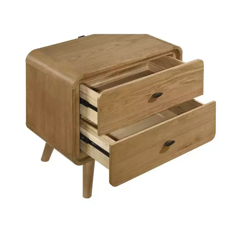 Mid-Century Modern 2-Drawer Nightstand – Pine & Walnut Veneer, USB Ports, Light Ash