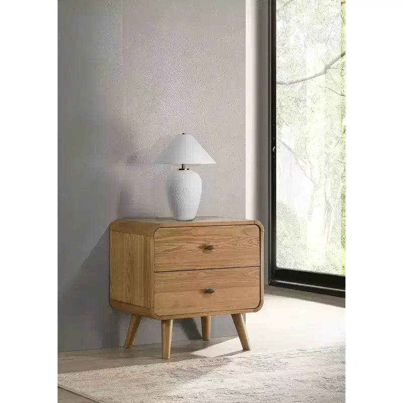 Mid-Century Modern 2-Drawer Nightstand – Pine & Walnut Veneer, USB Ports, Light Ash