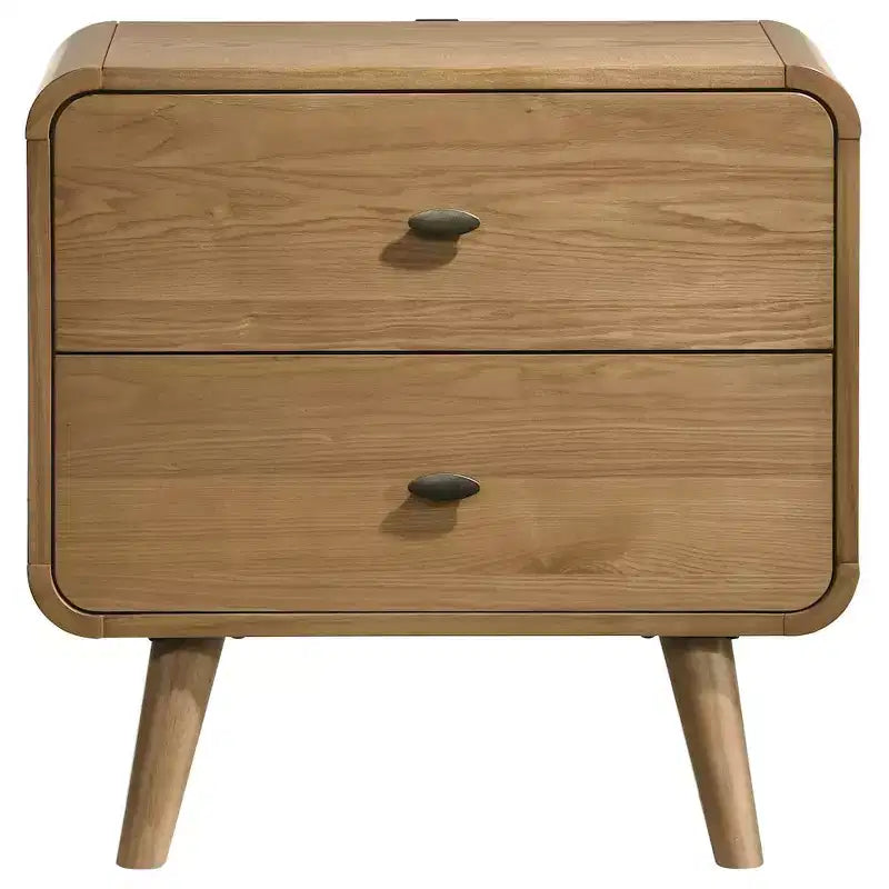 Mid-Century Modern 2-Drawer Nightstand – Pine & Walnut Veneer, USB Ports, Light Ash