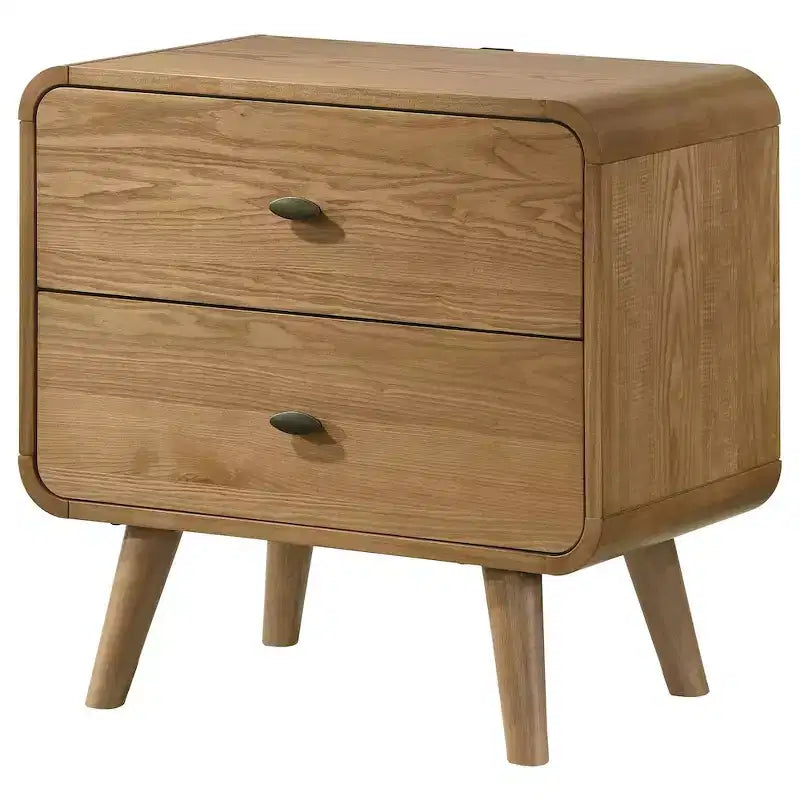 Mid-Century Modern 2-Drawer Nightstand – Pine & Walnut Veneer, USB Ports, Light Ash