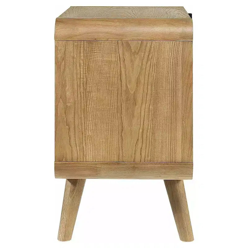 Mid-Century Modern 2-Drawer Nightstand – Pine & Walnut Veneer, USB Ports, Light Ash