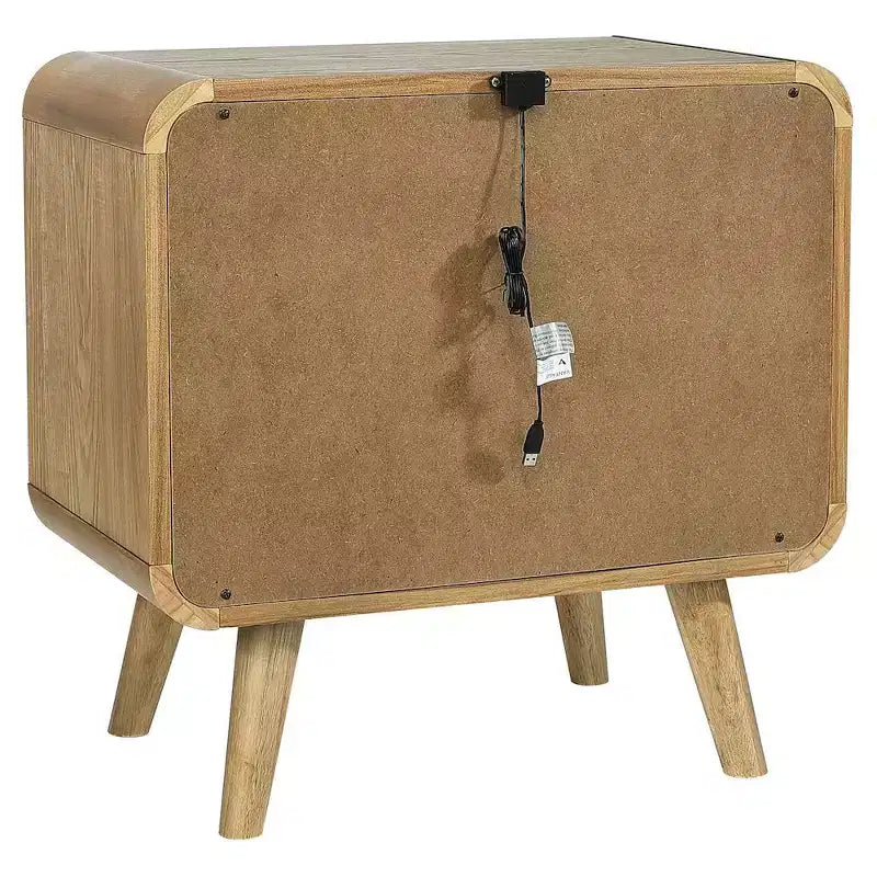 Mid-Century Modern 2-Drawer Nightstand – Pine & Walnut Veneer, USB Ports, Light Ash