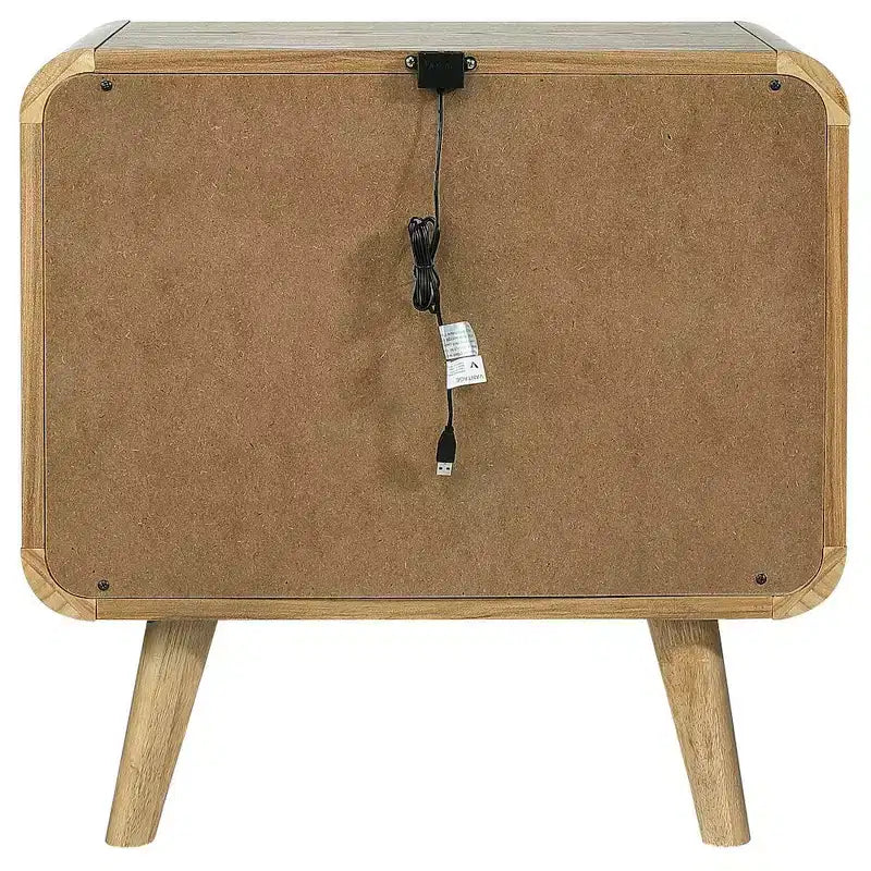 Mid-Century Modern 2-Drawer Nightstand – Pine & Walnut Veneer, USB Ports, Light Ash