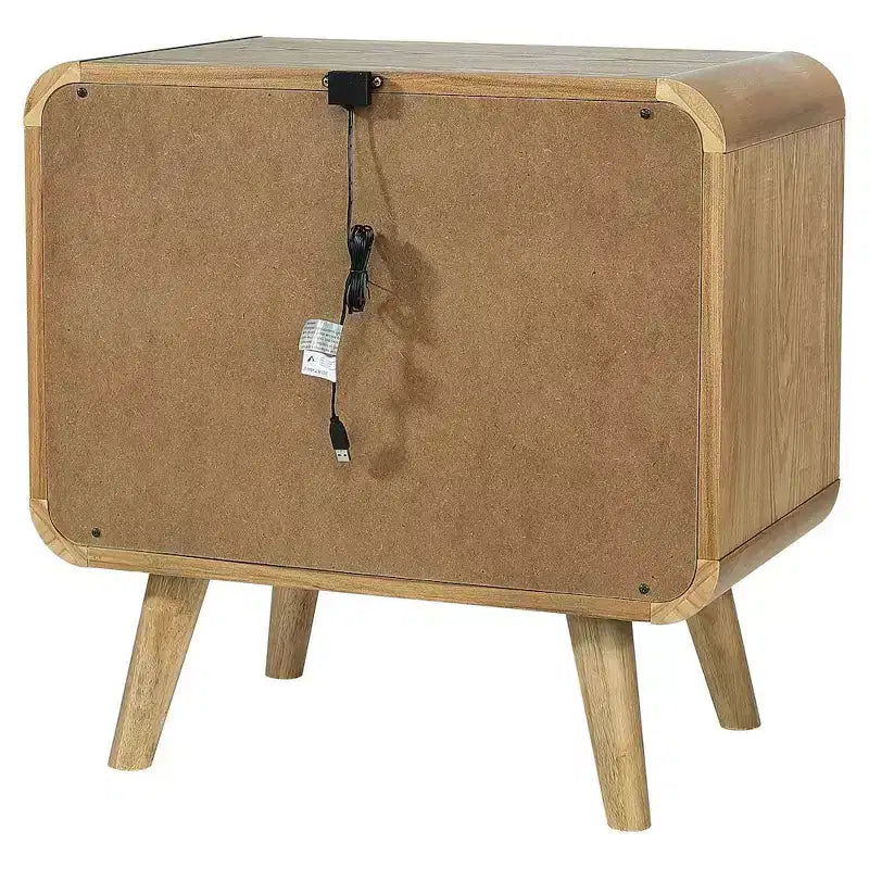 Mid-Century Modern 2-Drawer Nightstand – Pine & Walnut Veneer, USB Ports, Light Ash
