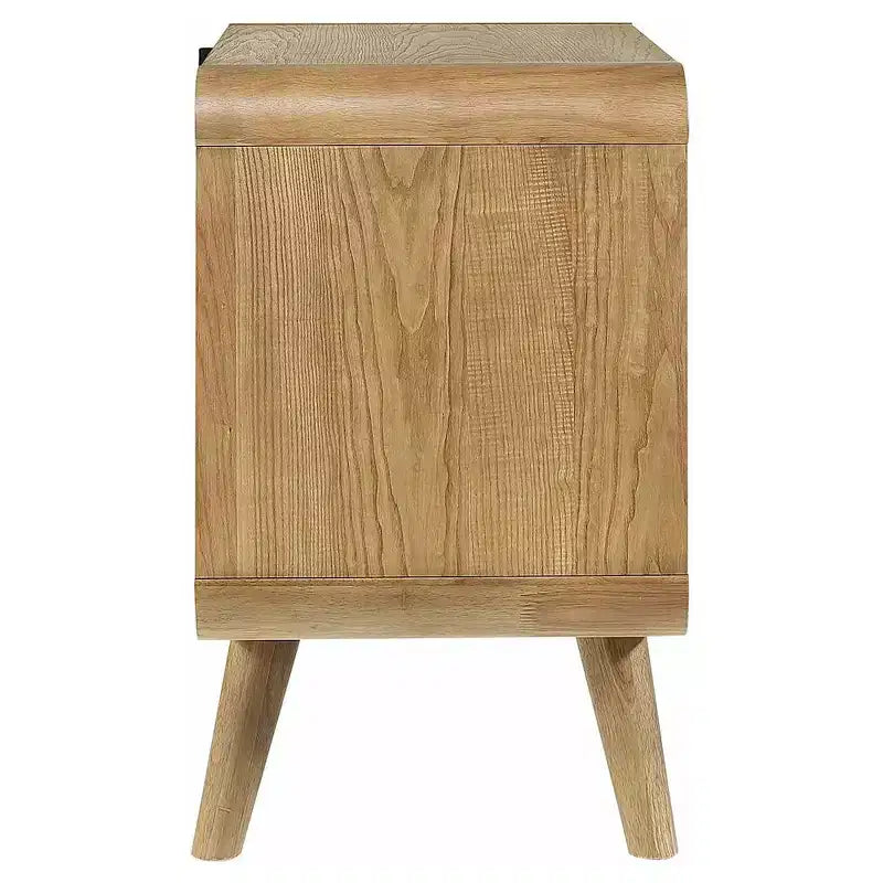 Mid-Century Modern 2-Drawer Nightstand – Pine & Walnut Veneer, USB Ports, Light Ash