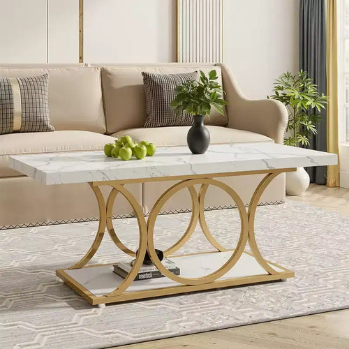 2-Tier Modern Coffee Table – White Faux Marble Top & Gold Metal Legs, 200 lb Capacity