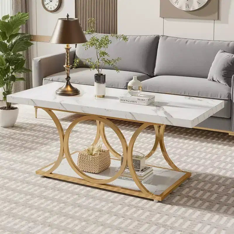 2-Tier Modern Coffee Table – White Faux Marble Top & Gold Metal Legs, 200 lb Capacity