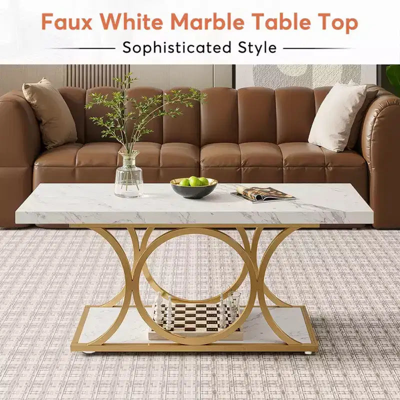 2-Tier Modern Coffee Table – White Faux Marble Top & Gold Metal Legs, 200 lb Capacity