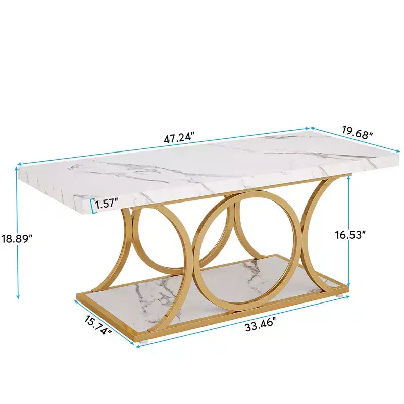 2-Tier Modern Coffee Table – White Faux Marble Top & Gold Metal Legs, 200 lb Capacity